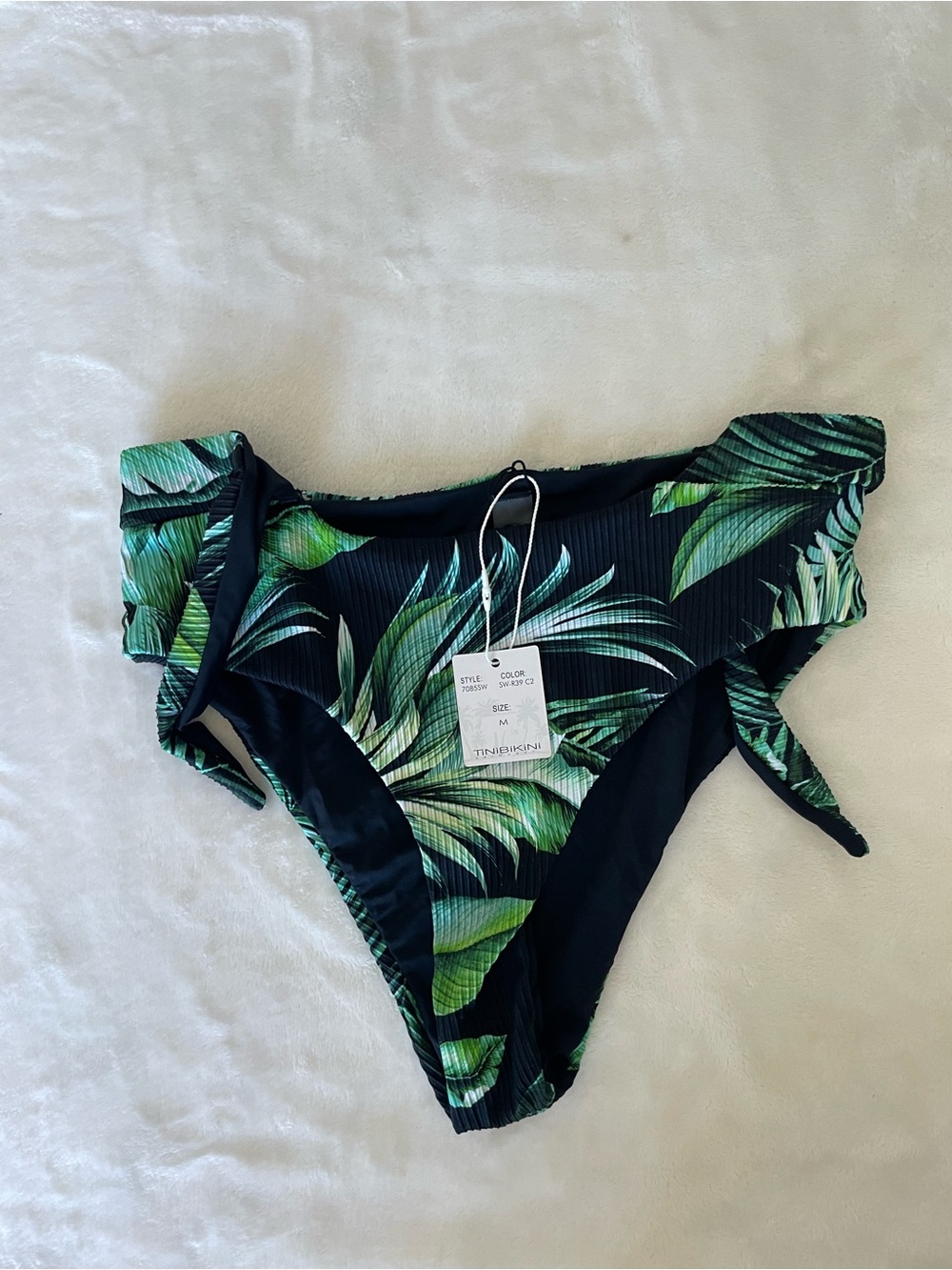 TiniBikini Black Bikini Bottom with Green Tropical Leaf Print
